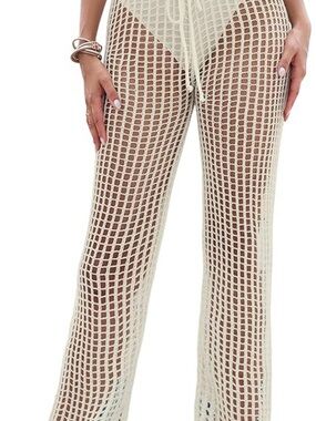 Women's Crochet Mesh Wide-Leg Pants - Cream